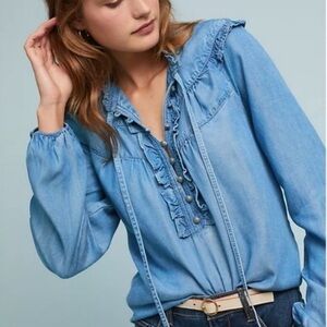 Anthropologie Maeve Chambray Ruffle Long Sleeve Top